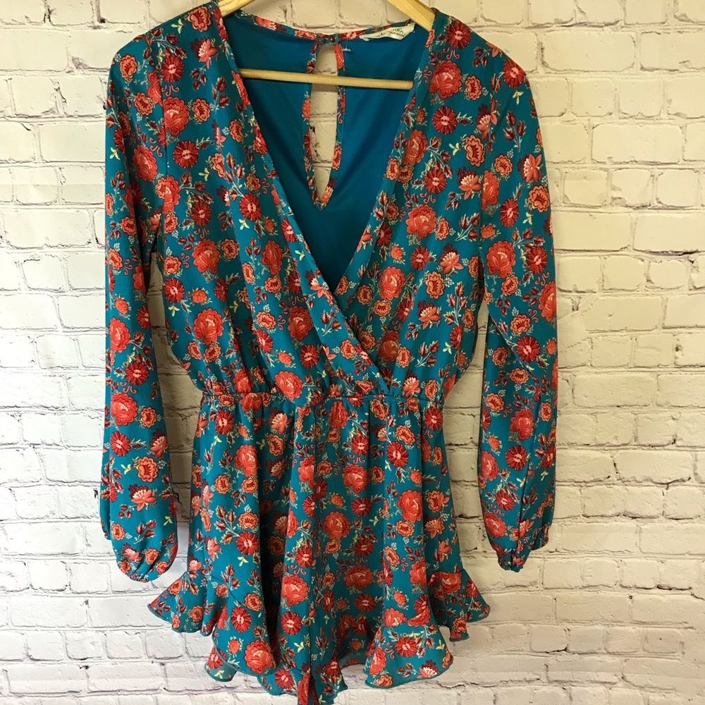 Peach Love California Boutique Teal Red Long Sleeve Cottagecore Romper Size M